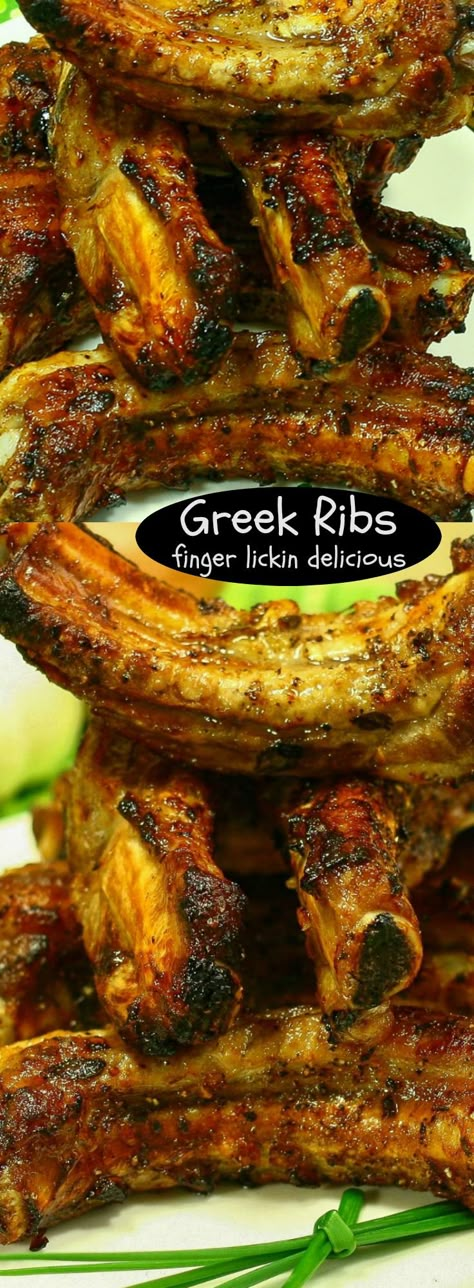 Greek Ribs Greek Ribs Recipe, Chicken Ribs, Greek Foods, Pork Rib Recipes, Greek Cooking, Cooking Club, Greek Dishes, Happy Cooking, Rib Recipes