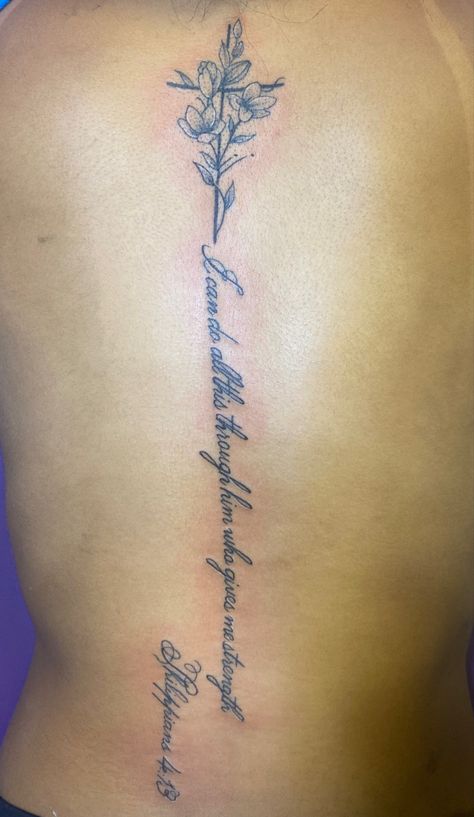 Spine Tattoos For Women Verses, Spine Verse Tattoo, Bible Verse Spin Tattoo, Verse Spine Tattoos For Women, Scripture On Back Tattoo, Bible Verse For Women Tattoo, Back Tattoo Women Spine Bible Quotes, Bible Verse Back Tattoos Women, Back Tattoo Scripture