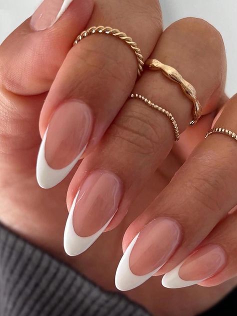 French Tip Nails Different Shapes, Basic Nail Designs Almond, Nail Ideas Medium Almond, French Tip On Almond Shape Nails, White Pink Almond Nails, Deep Almond French Tips, Almond French Tip Nails Summer, Summer Nail Inspo Almond French Tip, Medium Almond French Tip Nails