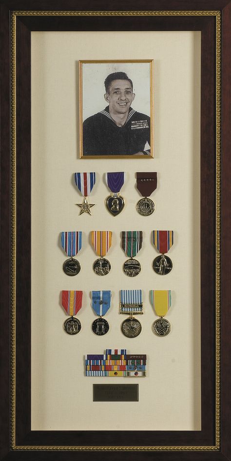 For those who were in the armed forces, framing old medals is a great keepsake to have! Army Medal Display Ideas, Medal Frames Ideas, Framing Objects, Army Medals, Shadow Box Ideas, Military Shadow Box, Framing Ideas, Dads Birthday, Military Memorabilia