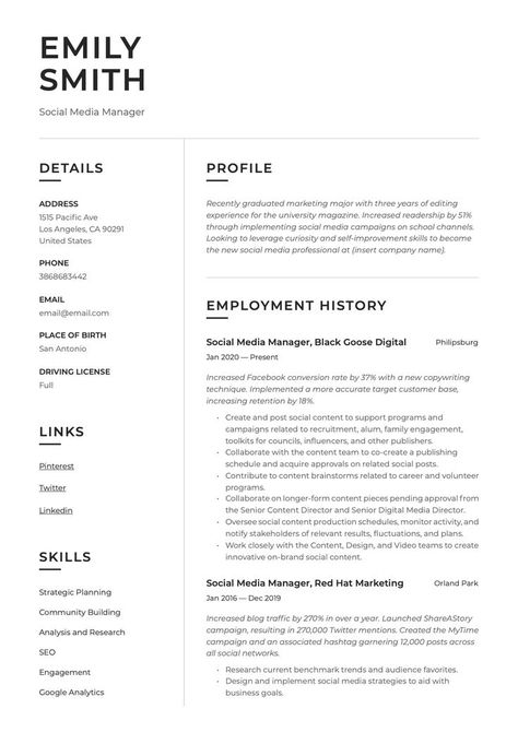 Modern Social Media Manager Resume Example Social Media Manager Resume, Manager Resume Examples, Writing Guide, Resume Builder, Manager Resume, Writing Therapy, Free Social Media, Easy A, Facial Skin Care Routine