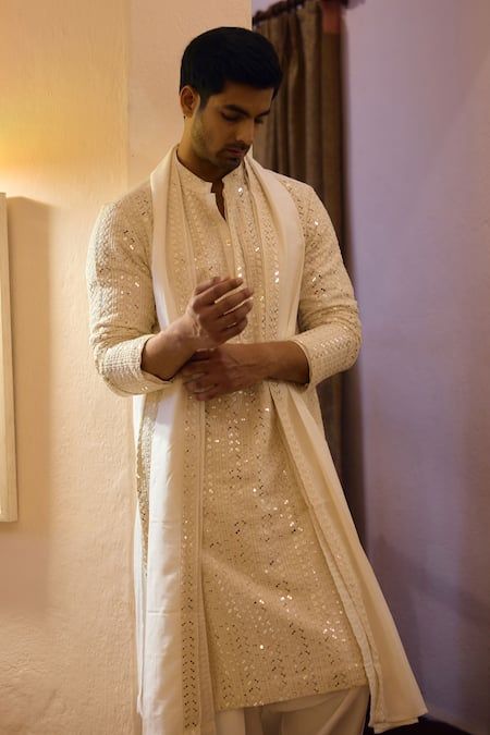 Buy Ivory Viscose Cotton Silk Embroidered Thread Umaid Kurta Salwar Set For Men by Ankit V Kapoor Online at Aza Fashions. Salwar Pattern, Kurta Men, Mens Kurta Designs, White Kurta, Indian Groom, Embroidered Border, Luxury Sale, Bespoke Tailoring, Thread Embroidery