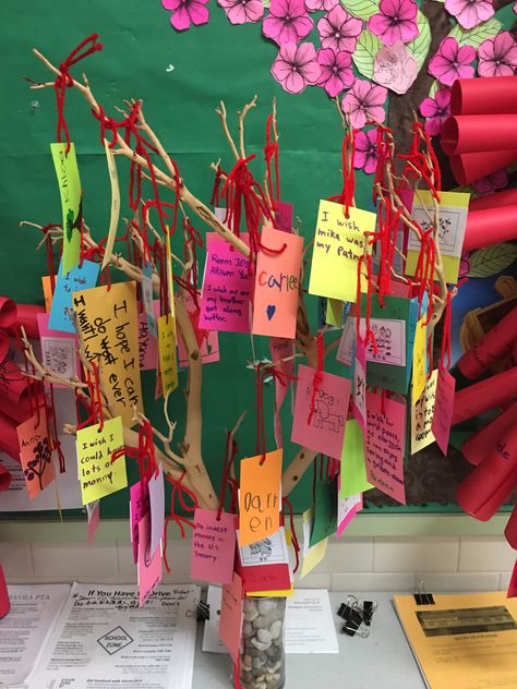 Wishing tree Chinese New Year Lunar New Year School Activities, Lunar New Year Classroom, Lunar New Year Decorations, Chinese New Year Eyfs, Chinese New Year Display, Chineese New Year, Chines New Year, Montessori Shelves, Stall Decorations