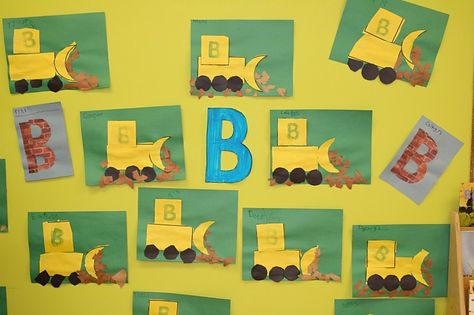 B is for bulldozer: Shape craft  Circle wheels, square cab, rectangle base, crescent blade     Building Brick B's  Students arranged precut pieces to create a capital b Construction Theme Preschool, Creative Curriculum Preschool, Preschool Construction, Capital B, Transportation Unit, Free Worksheets For Kids, Alphabet Letter Crafts, Community Helpers Theme, Theme Preschool