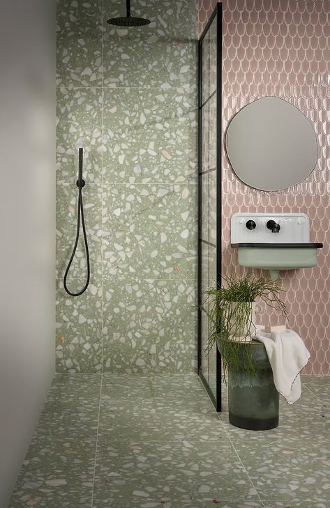 Is terrazzo suitable for bathrooms? | Hyperion Tiles Green Terrazzo Bathroom, Terrazzo Interior Design, Terrazzo Interior, Terrazzo Bathroom, Modern Terrazzo, Green Terrazzo, Green Tile Bathroom, Green Tiles, Green Mosaic