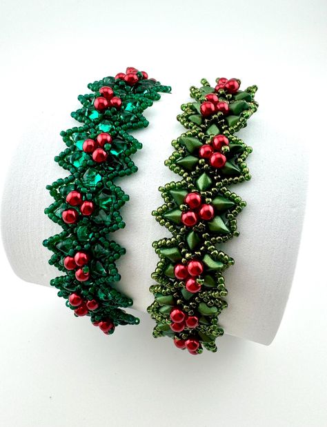 Beaded Holly Bracelet Pattern, Tutorial for Beaded Holly Bracelet, Christmas Beading Project, Holiday Gift Tutorial, Beaded Holly Pattern - Etsy Bracelet Pattern Tutorial, Gift Tutorial, Holly Pattern, Christmas Beading, Bracelet Christmas, Pattern Tutorial, Beading Projects, Bracelet Patterns, Gift Registry