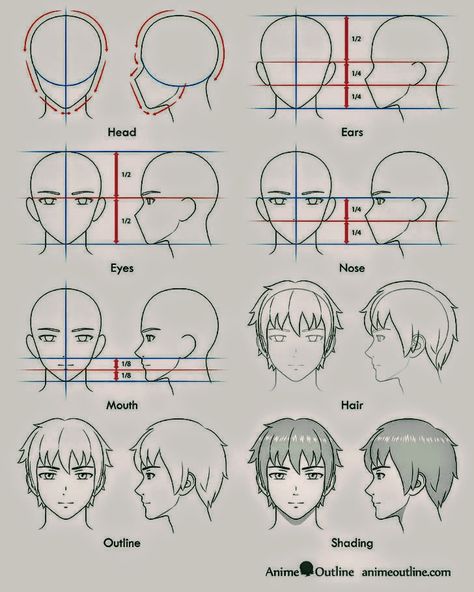 Anime Face Structure Reference, Anime Face Structure, Face Structure Reference, Draw A Head, Human Structure, Drawing Male, Facial Structure, Chibi Hair, Face Structure