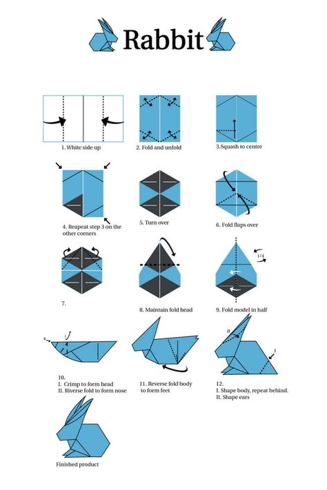 Origami Rabbit Step By Step, Note Origami, Bunny Origami, Square Origami, Rabbit Craft, Paper Rabbit, Origami Rabbit, Origami Projects, Origami Step By Step