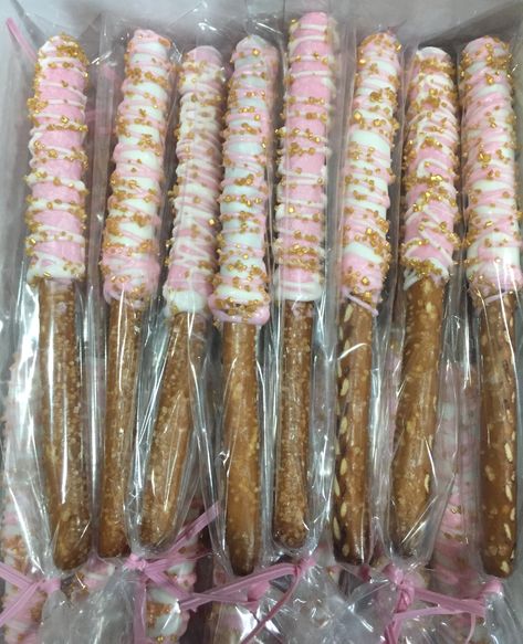 Nicki Minaj Wallpaper, Pink And Gold Birthday Party, First Birthday Favors, Chocolate Covered Pretzel Rods, Gold First Birthday, Covered Pretzels, Trendy Baby Shower Ideas, Food Party