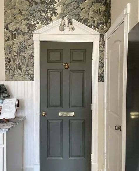 Dark Olive Door Dark Olive Paint Color, Benjamin Moore Dark Olive, Dark Olive Paint, Olive Paint Color, Dark Front Door, Olive Paint, Benjamin Moore Exterior, Home Paint Color, Ice Storm