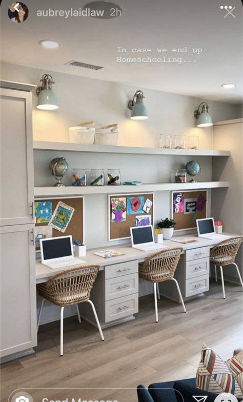 Double Study Room, Multi Desk Office Layout, Home Office And Homeschool Room, Study Playroom, Big Kids Playroom, Kids Playroom Storage, Slim Desks, Kid Playroom, Kids Art Table