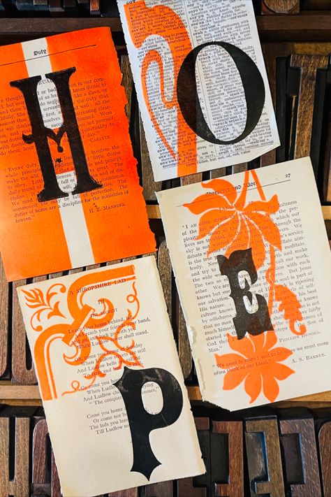 Wood Words uses vintage wood type and vintage book pages to create letterpress art Woodcut Lettering, Woodcut Typography, Letter Press Printing, Vintage Letterpress Poster, Letterpress Postcard, Letterpress Art, Printmaking Studio, Letterpress Art Print, Form Inspiration