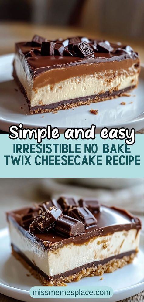 Dive into dessert heaven with this homemade no-bake Twix cheesecake! Combining the flavors of creamy caramel and rich chocolate, this easy recipe requires no baking and minimal effort. With a crunchy graham cracker crust, luscious cream cheese filling, and drizzles of melted chocolate and caramel, this cheesecake is the ultimate treat for any occasion. Perfect for parties, family gatherings, or simply indulging at home, you'll have everyone asking for seconds! No Bale Cheesecake, 8x8 Dessert Recipes, Chocolate Cheesecake Recipe Easy, Twix Cheesecake Recipe, Caramel Chocolate Cheesecake, Twix Cheesecake, No Bake Chocolate Cheesecake, Chocolate Cheesecake Recipes, Chocolate And Caramel