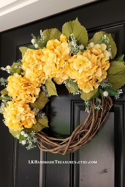 Yellow Door Wreath, Yellow Wreaths, Summer Hydrangea, Yellow Hydrangea, Gifts For Housewarming, Spring Wreath For Front Door, Small Wreath, Poppy Wreath, Outdoor Wreath