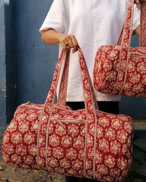 QUILTED INDIAN BLOCK PRINT WEEKEND BAG – RED Cos Quilted Bag, Artist Date, Weekend Duffle Bag, Quilt Bag, Quilt Dress, Quilted Bags, Ethical Shopping, Quilted Backpack, Red Quilts