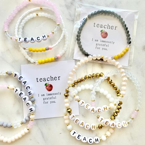 custom teacher gift bracelet - gift for her Teacher Stretch Bracelet, Back To School Beaded Bracelets, Teacher Friendship Bracelet, Teacher Beaded Bracelet, Back To School Jewelry, Teacher Bracelet Ideas, Back To School Bracelets, Sunshine Committee, Teacher Bracelet