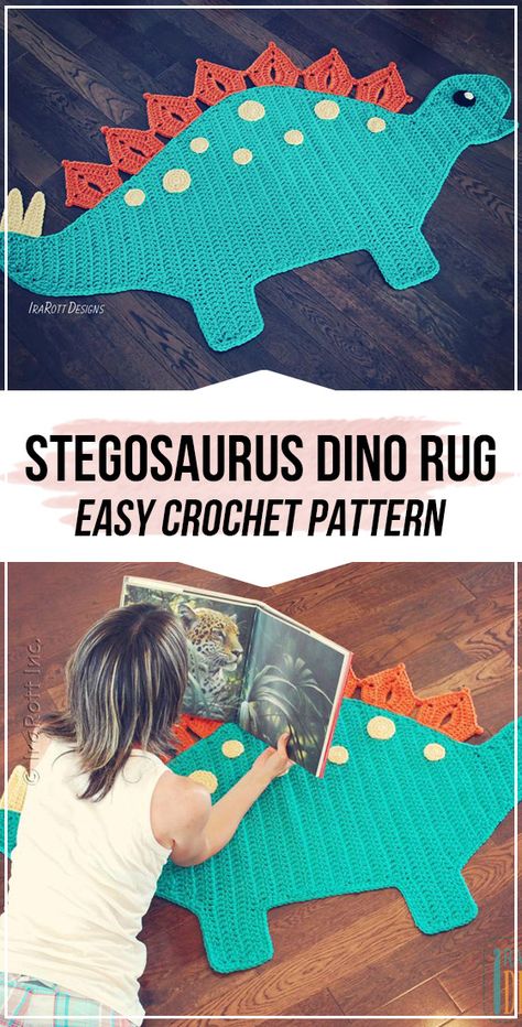 crochet Stegosaurus Dino Rug pattern      #Rug  #crochet#crocehtpattern via @shareapattern.com Dinosaur Blanket Crochet Pattern, Free Crochet Rug Patterns For Kids, Crochet Dinosaur Rug Free Pattern, Crochet Kids Rugs Free Pattern, Crochet Dinosaur Baby Blanket, Crochet Animal Rug, Crochet Projects For Boys, Dinosaur Crochet Blanket, Dinosaur Blanket Crochet