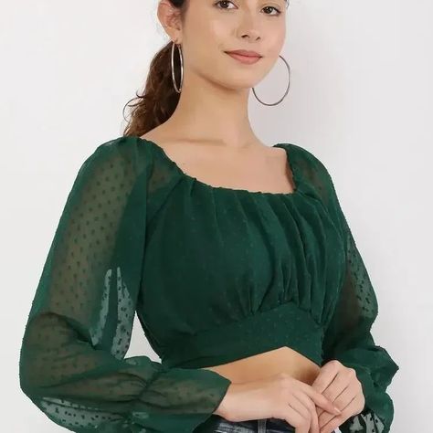 *Elegant Green Georgette Top For Women* *Size*: S(Bust - 36.0 inches) M(Bust - 38.0 inches) L(Bust - 40.0 inches) XS(Bust - 34.0 inches) *Color*: Green *Fabric*: Georgette *Type*: Top *Sleeve Style*: Regular Sleeves *COD Available* ⚡⚡ Hurry, 4 units available only Hi, check out this product available at best price for you.💰💰 If you want to buy this product, message me Tops Designs For Jeans, Ethnic Crop Top, Crop Top Saree, Plain Crop Tops, Women Crop Tops, Stylish Crop Top, Blouse Casual Fashion, Crop Tops Online, Crop Top Designs