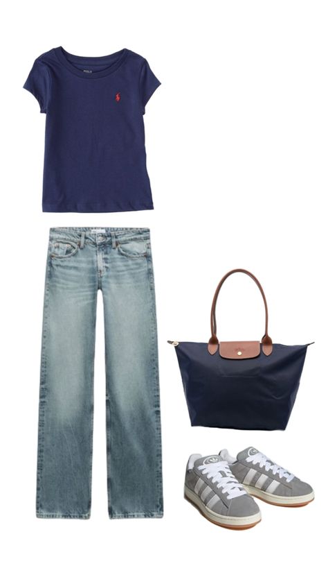 Long Champ Bag Outfit Style, Long Champ Outfit, Blue Longchamp Bag Outfit, Navy Longchamp Bag Outfit, Long Champ Bag Outfit, Navy Top Outfit, Lacoste Bag, Cute School Fits, Navy Blue Bag