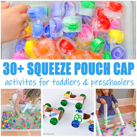 30+ Squeeze Pouch Cap Activities - HAPPY TODDLER PLAYTIME Crazy Cousin Crew, Indoor Activities For Toddlers, Easy Toddler Activities, Learn And Play, Squeeze Pouch, Daycare Activities, Spring Crafts For Kids, Easy Toddler, Kid Craft