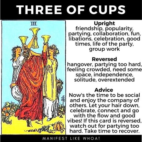 This is a blog post describing the different meanings of the Three of Cups tarot card in the Minor Arcana of the standard Rider-Waite deck.

Read on to discover the different meanings of the Three of Cups upright and reversed for money, love, and other situations in your life. 3 Of Cups Tarot Meaning, Three Of Cups Tarot Meaning, Three Of Cups Reversed, Three Of Cups Tarot Card, Three Of Cups Tarot, Cups Tarot Meaning, Astrology Explained, 3 Of Cups, Spiritual Cards