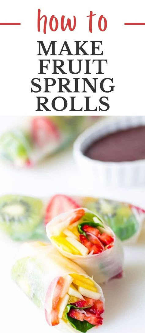 Are you looking for how ot make fruit spring roll? Let me show you how to make fruity homemade spring rolls with rice paper. Fruit spring rolls with rice paper make the best fruit dessert. Bonus is my fun step by step video tutorial is included! Make this easy no bake fruit sushi dessert now! Spring Roll Dessert Recipes, Rice Paper Dessert Recipes, Rice Paper Fruit Rolls, Spring Roll Filling Ideas Rice Paper, Rice Paper Dessert, Spring Rolls With Rice Paper, Easy Fruit Roll Up Recipe, Dessert Spring Rolls Rice Paper, Summer Rice Paper Rolls