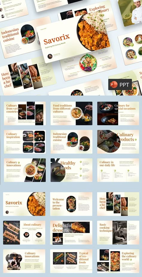 Food Presentation Design, Slide Presentation Design, Food Powerpoint Template, Publication Inspiration, Slide Layout, Work Presentation, Best Presentation Templates, Brochure Food, Free Powerpoint Presentations