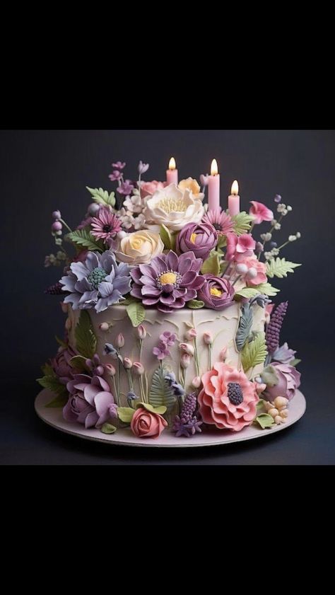 Vintage Cake Artwork, Flowered Birthday Cakes, 96th Birthday Cake, Vintage Tea Party Cake, Flower Birthday Cake Kids, Womans Birthday Cake, Amazing Birthday Cakes For Women, Flower Garden Cake Ideas, Artistic Cakes Design