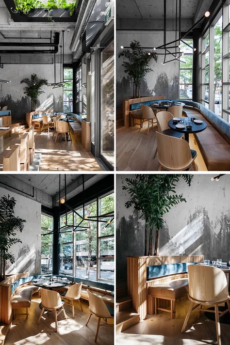 A Look Inside Ryù, A New Japanese Restaurant In Montreal Restaurant Seating Ideas, Outdoor Restaurant Seating, Curved Banquette Seating, Restaurant Banquette, Japanese Restaurant Interior, Casual Restaurant, Lake House Interior, Pallet Seating, Seating Ideas