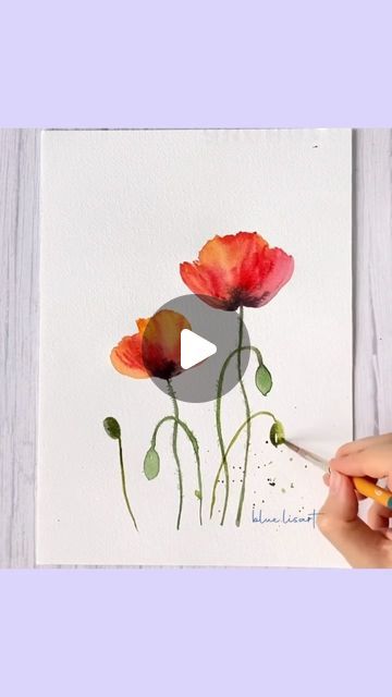 How To Paint A Poppy Watercolor, Easy Watercolor Poppies, Watercolour Poppies Watercolor Tutorials, Watercolour Poppy Tutorial, Poppy Watercolour Painting, Watercolor Poppies Tutorial, Watercolour Cards Ideas, Watercolour Poppies, Aquarel Art