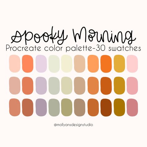 The Spooky Morning Procreate Color Palette! Perfect for Halloween, fall, or the spooky season, this Procreate color palette is made from my favorite, handpicked swatches ready for you to enjoy and create with! Spooky Morning not only could be used for Halloween inspired digital art, but for those who love boho pastels and funky retro aesthetics!  Procreate color palettes are a perfect way to keep cohesive colors organized right at your finger tips while using the Procreate app! After you purchase, you'll download the file from Safari NOT the Etsy app. Once the files are downloaded and you open the file, the palette will automatically import into Procreate! You will find this palette ready to go in your Procreate palette library so all you have to do is create! INSTRUCTIONS ARE INCLUDED but Spooky Morning, Color Palette Boho, Halloween Palette, Halloween Color Palette, Pastel Fall, Aesthetic Products, Procreate Color Palette, Fall Palette, Boho Halloween