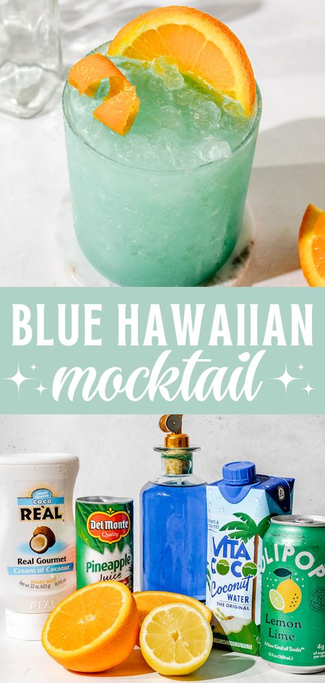 a blue hawaiian mocktail with the glass and ingredient photo Mocktail Luau, Blue Hawaii Mocktail Drink, Under The Sea Mocktails, Non Alcoholic Beach Drinks, Blue And Yellow Mocktails, Drinks For Showers, Drinks To Have At A Party, Beach Mocktail Recipe, Bahama Mama Drink Mocktail