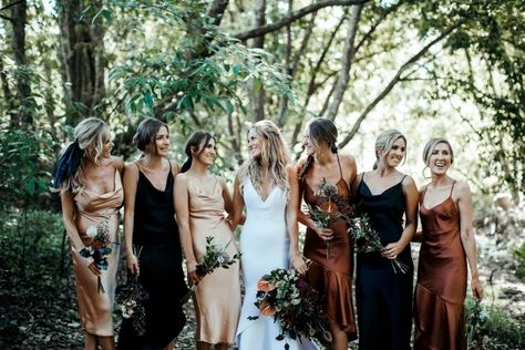 Bridesmaids in mismatched dresses of bronze, gold, and black Black Bridesmaid Dress Mismatched, Bronze Bridesmaid Dresses, Wine Red Bridesmaid Dresses, Copper Bridesmaid Dresses, Different Bridesmaid Dresses, Bride Reception Dresses, Fall Bridesmaids, Fall Bridesmaid Dresses, Black Bridesmaids