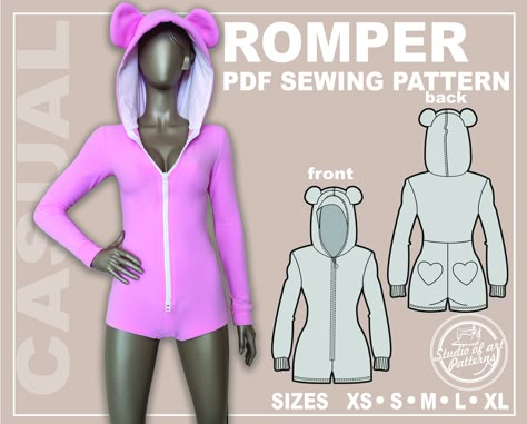 THIS IS A SEWING PATTERNS AND NOT A READY TO WEAR  PRODUCT.  Pattern women's ROMPER with long sleeves and a hood, made of soft elastic fabric. It has a front zipper. At the back, there are two heart-shaped pockets. The sleeve cuffs are finished with cuffs. Two decorative ears are sewn onto the hood.  THIS LISTING INCLUDES PACK SIZES XS, S, M, L, XL, SO YOU CAN SELECT ONLY THE SIZE YOU WANT TO PRINT. You will receive an email from "Etsy" wish a link to download the files right after payments. The Sewing Patterns Trendy, Gamer Sewing Projects, Rave Sewing Patterns, Matching Set Sewing Pattern, Onesie Sewing Pattern, Rave Outfits Diy, Romper Sewing Pattern, Rave Fits, Fashion Design Template