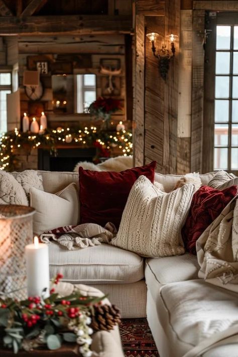 Rustic Christmas Theme Color Palettes to Try Home For Christmas Theme, Cabin Chic Christmas Decor, Winter Cabin Christmas Decorating Ideas, Christmas Chalet Decoration, Cozy Rustic Christmas Decor, Rustic Christmas Tree Decorations Ideas, Barndominium Christmas Decor, Christmas Decorating Inspiration, Cozy Traditional Christmas Aesthetic