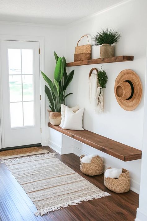 "Simplify your entryway with DIY Minimalist Shelves! 🛠️🚪 Perfect for adding style and function. #MinimalistEntryway #DIYShelves #HomeOrganization" Minimal Home Aesthetic, Minimalist Entryway Ideas, Tiny Entryway Ideas, Functional Entryway Ideas, Simple Entryway Ideas, Boho Entryway Ideas, Tiny Entryway, Entryway Minimalist, Bnb Ideas