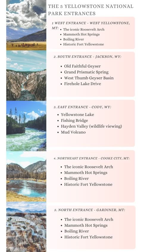 Yellowstone National Park has five entrances. The North Entrance is located at Gardiner, Montana, and is the only entrance open year-round. The Northeast Entrance is near Cooke City, Montana. The East Entrance is located at Cody, Wyoming. The South Entrance is near Jackson, Wyoming, and the West Entrance is at West Yellowstone, Montana. Yellowstone South Entrance, Yellowstone Vacation Planning, Gardiner Montana, Montana Sky, West Yellowstone Montana, Yellowstone Montana, Montana Trip, Yellowstone National Park Vacation, Wyoming Vacation