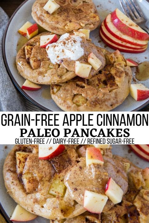 Paleo Apple Pancakes made with almond flour. Grain-free, refined sugar-free, dairy-free healthy pancake recipe that makes for a marvelous fall treat! Amazingly cinnamony and studded with fresh apples. Paleo Pancakes Almond Flour, Paleo Apple Pie, German Apple Pancake, Apple Pie Pancakes, Pancakes Fluffy, Paleo Apple, Healthy Pancake, Apple Cinnamon Pancakes, Almond Pancakes