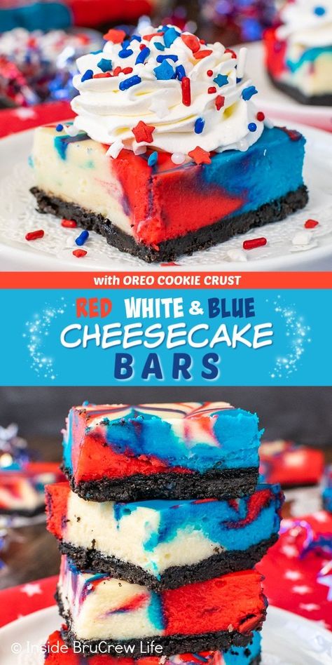 Red White and Blue Cheesecake Bars - swirls of colors make a fun fireworks pattern on these vanilla cheesecake bars. Easy recipe to share for 4th of July parties or summer picnics. Cake Bars Easy, Red White And Blue Cheesecake, Blue Cheesecake, 4th July Food, Cheesecake Bars Easy, Marshmallow Brownies, Weight Watcher Desserts, Patriotic Food, Patriotic Desserts