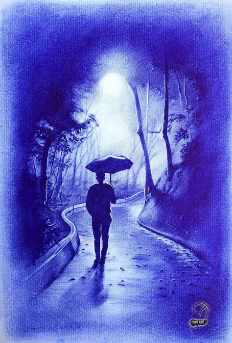 Drawing With Blue Pen, Realistic Pen Drawings, Blue Pen Sketches, Blue Pen Art, Blue Pen Drawing, Gel Pen Art, 3d Pencil Drawings, Colored Pencil Art Projects, Pencil Drawing Images