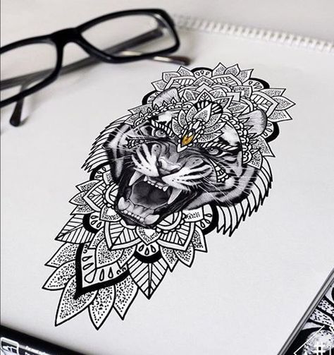 Mandala Thigh Tattoo, Dotwork Tattoo Mandala, Tiger Face Tattoo, Mandela Tattoo, Tattoo Lion, Tattoo Neck, Kunst Tattoos, Mandala Tattoo Design, Arrow Tattoos