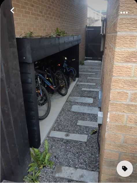 Outside Bike Storage, Side Return Garden Ideas, Side Return Garden, Garden Storage Ideas, Garden Bike Storage, Outdoor Bike Storage, Bike Shelter, Outdoor Garden Storage, Yard Sheds