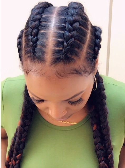 Four Cornrows, Big Cornrow Braids, Cornrows With Extensions, Two Cornrow Braids, Cornrows With Weave, Big Cornrows, 4 Braids Hairstyle, Baddie Hair, Cornrow Ponytail