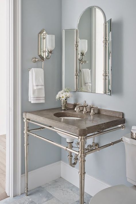 Reu Architects- Bathroom paint color is Benjamin Moore - Silver Gray. Kallista vanity sink. Silver Grey Paint, Light Blue Grey Paint, Blue Gray Paint Colors, Bathrooms Luxury, Blue Gray Paint, House Of Turquoise, Revere Pewter, Bathroom Paint Colors, Blue Paint Colors