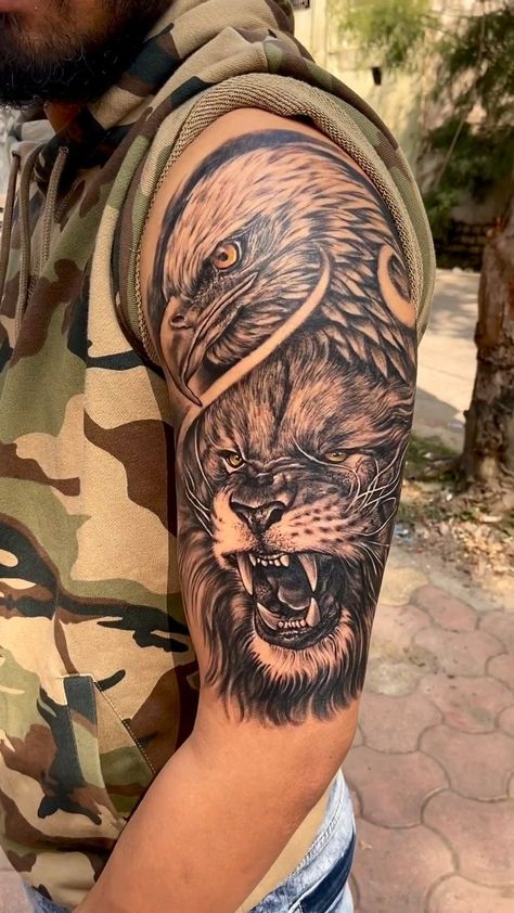 Eagle And Lion Tattoo, Eagle Shoulder Tattoo, Tato Phoenix, Lion Shoulder Tattoo, Eagle Head Tattoo, Lion Forearm Tattoos, Animal Sleeve Tattoo, Lion Tattoo Sleeves, Wolf Tattoo Sleeve