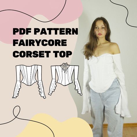 Corset With Sleeves Pattern, Off The Shoulder Top Sewing Pattern, Gothic Sewing Patterns, Corset Sewing Pattern Free, Corset Top With Sleeves, Corset Top Diy, Corset Top Sewing Pattern, Corset With Sleeves, Corset Top Sewing