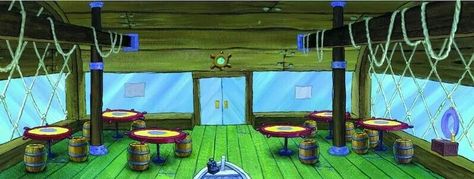 Overview of Interior, Krusty Krab. Looking from back wall above kitchen/register, to the front door. Krusty Krab Interior, Krusty Krab Inside, Spongebob Screencaps, Spongebob Stuff, Spongebob Background, Spongebob Characters, Krusty Krab, Spongebob Pics, Spongebob Cartoon