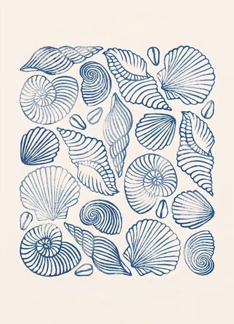 Seashell Design Drawing, Sea Oats Painting, Seashell Graphic Design, Jellyfish Design Illustration, Seashell Art Drawing, Printmaking Art Ideas, White Board Aesthetic, Sea Creatures Sketch, Sea Waves Drawing