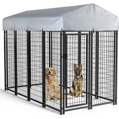 Heavy-duty rust-resistant metal for increased longevity and durability. Pre-assembled gate with a pet-proof latch. Included roof and water-resistant cover. Center-welded wire mesh creates no sharp edges. Dog pen supply stability on uneven surfaces. Powder coating provides weather protection and eliminates sharp points. Easy 1-person assembly no tools needed. Suitable for use indoors or outdoors. Ideal for dogs, cats, and other small animals. Metal pet kennel is perfect for most medium-large anim Dog Pen Outdoor, Dog Enclosures, Dog Kennel Outside, Dog Enclosure, Heavy Duty Dog Kennel, Outdoor Dog Kennel, Dog Pens, Dog Run, Outside Dogs