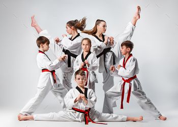 The studio shot of group of kids training karate martial arts Karate Poses, Grappling Techniques, Mixed Martial Arts Training, Kids Karate, Learn Krav Maga, Karate Classes, Karate Training, Best Martial Arts, Martial Arts Instructor